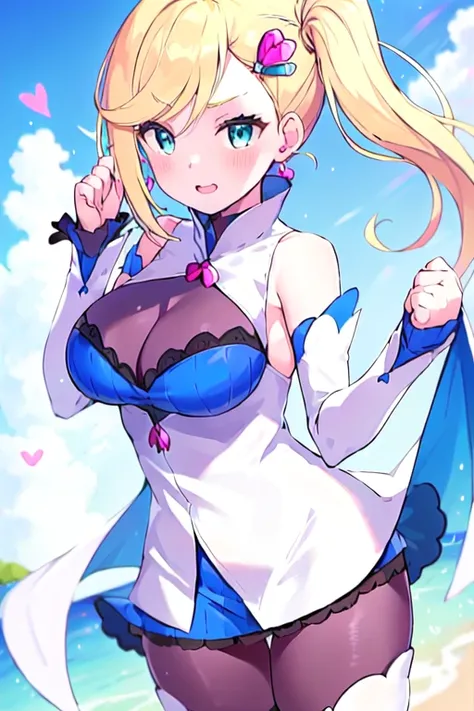 <lora:Minerva:0.6>, Minerva, 1girl, solo, blue eyes, large breasts, long hair, blonde hair, side ponytail. heart hair ornament, two-tone blue and white sleeveless dress, white detached sleeves past wrists, white thigh boots, pantyhose