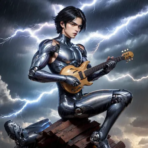 1man, elegent man, beauty boy, sitting, playing a music instrument (music:2), <lora:Alita_SDXL_v2:0.8> Alita, looking at viewer, cyborg,black hair,bodysuit,lips,brown eyes,science fiction, weapon, mechanical arms, parted lips, on the sky . in the middle of a storm, lightning flashes everywhere, it rains, hail and rain falls hard (dynamic angle:1.4) . the most beautiful form of chaos . the grey sky, surround by lightning . wind, chaos,  ultra wide angle