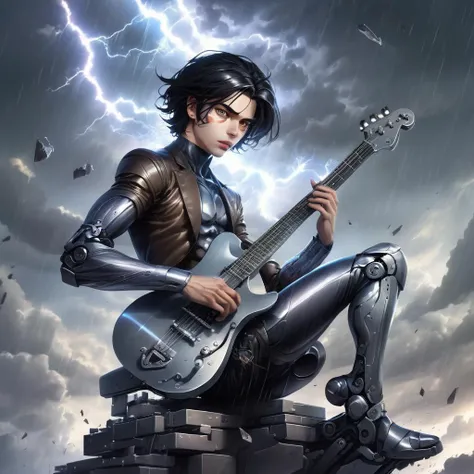 1man, elegent man, beauty boy, sitting, playing a music instrument (music:2), <lora:Alita_SDXL_v2:0.8> Alita, looking at viewer, cyborg,black hair,bodysuit,lips,brown eyes,science fiction, weapon, mechanical arms, parted lips, on the sky . in the middle of a storm, lightning flashes everywhere, it rains, hail and rain falls hard (dynamic angle:1.4) . the most beautiful form of chaos . the grey sky, surround by lightning . wind, chaos,  ultra wide angle
