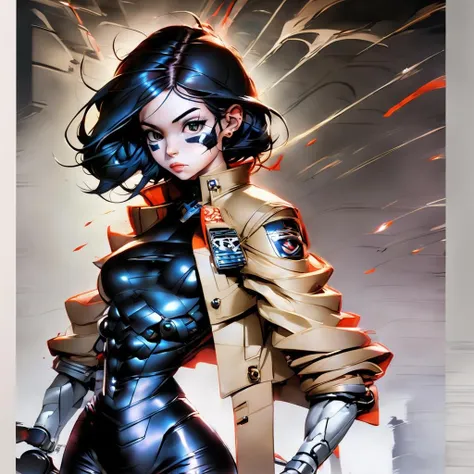 4lit4, 1girl, alita, black hair, bodysuit, cyborg, looking at viewer, mechanical arms, long pants, jacket with buttons down the front. Her hair is pulled back into two pigtails, large eyes with black pupils. She looks determined and focused on what lies ahead of her, She has long, black hair that is pulled ack and cascades down her back. Her facial features are soft and delicate, with large eyes and full lips.he sword she holds in her right hand is silver in color with intricate designs along the blade. high detail uhd canon mark4 photo realistic picture real people <lora:training_model:1.3>