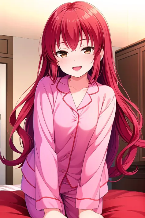 (masterpiece, best quality), highly detailed background, perfect lightingbest quality, yatsukayukie, solo, indoors, bedroom, red hair, hair between eyes, very long hair, brown eyes, small breastsyellow pajamas, yellow pants, smile, open mouth, :d, pink lips, <lora:Yatsuka-Yukie:0.7>