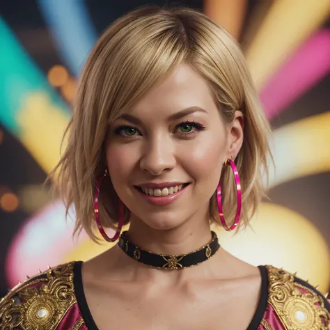 31fm4n,jenna elfman as dharma,skinny,messy spiky hair,hoop earrings,she stands in a lively,retro background with bright swirling colors and psychadelic art and vinyl record and musical notes and abtract shapes and lava lamp,Masterpiece,absurdres,award winning photo,(Cinematic Shot:1.4) 35mm,F/2.8 ((Photo Focus,DOF,Aperture,insanely detailed and intricate,character,hypermaximalist,elegant,ornate,beautiful,exotic,revealing,appealing,attractive,amative,hyper realistic,super detailed,heresy flares)) (smiling at viewer:1.3),bright light green eyes,light blond hair,