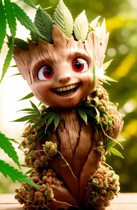 masterpiece, best quality, (RAW photo:1.2), extremely detailed CG unity 8k wallpaper, finely detail, official art, absurdres, incredibly absurdres, huge filesize, ultra-detailed, extremely detailed,,realistic ,wood body, detailed, <lyco:groot_v2:0.7>, (groot:1.4),standing full body, (young),male,surprised,open mouth,big eyes,legs, wood skin,jungle background,(holding leaf in the hand:1.2),(cannabis:1.4),(stoned:1.5),(red eyes:1.5),cute,(head shape as cannabis leaf:1.7),(tired:1.3,(laughing:1.5)