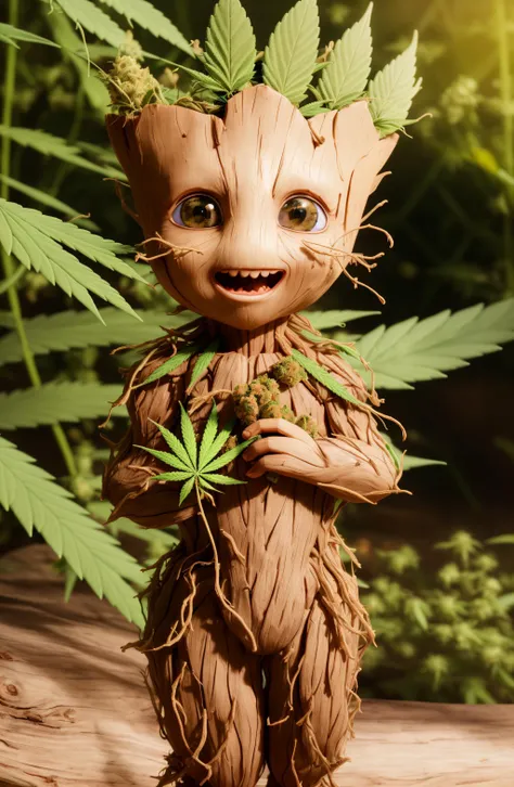 masterpiece, best quality, (RAW photo:1.2), extremely detailed CG unity 8k wallpaper, finely detail, official art, absurdres, incredibly absurdres, huge filesize, ultra-detailed, extremely detailed,,realistic ,wood body, detailed, <lyco:groot_v2:0.7>, (groot:1.4),standing full body, (young),male,surprised,open mouth,big eyes,legs, wood skin,jungle background,(holding leaf in the hand:1.2),(cannabis:1.4),(stoned:1.5),(red eyes:1.3),cute,(head shape as cannabis leaf:1.7),