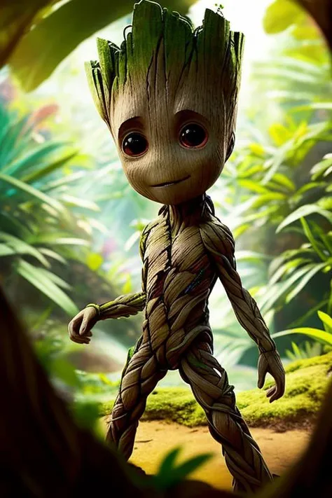 (anime), (illustration), cartoon, detailed, <lyco:groot_v2:0.7>, groot, jungle background