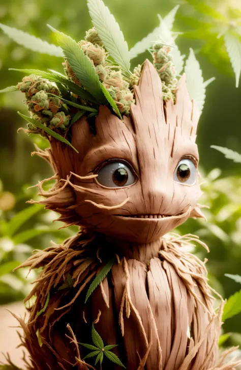 masterpiece, best quality, (RAW photo:1.2), extremely detailed CG unity 8k wallpaper, finely detail, official art, absurdres, incredibly absurdres, huge filesize, ultra-detailed, extremely detailed,,realistic ,wood body, detailed, <lyco:groot_v2:0.7>, (groot:1.4),standing full body, (young),male,surprised,open mouth,big eyes,legs, wood skin,jungle background,(holding leaf in the hand:1.2),(cannabis:1.4),(stoned:1.8),cute,(head shape as cannabis leaf:1.7),