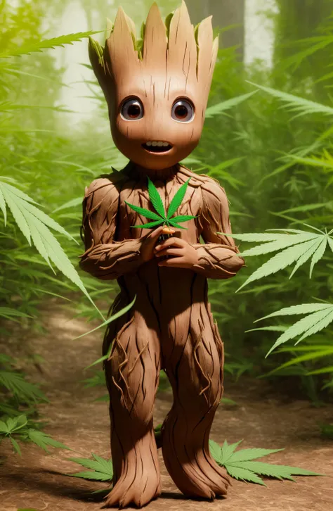 masterpiece, best quality, (RAW photo:1.2), extremely detailed CG unity 8k wallpaper, finely detail, official art, absurdres, incredibly absurdres, huge filesize, ultra-detailed, extremely detailed,,realistic ,wood body, detailed, <lyco:groot_v2:0.7>, (groot:1.3),standing full body, (young),male,surprised,open mouth,big eyes,legs, wood skin,jungle background,(holding leaf in the hand:1.2),(cannabis:1.3),stoned,cute,