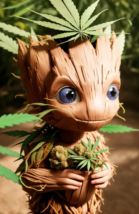 masterpiece, best quality, (RAW photo:1.2), extremely detailed CG unity 8k wallpaper, finely detail, official art, absurdres, incredibly absurdres, huge filesize, ultra-detailed, extremely detailed,,realistic ,wood body, detailed, <lyco:groot_v2:0.7>, (groot:1.4),standing full body, (young),male,surprised,open mouth,big eyes,legs, wood skin,jungle background,(holding leaf in the hand:1.2),(cannabis:1.4),stoned,cute,(head shape as cannabis:1.7)