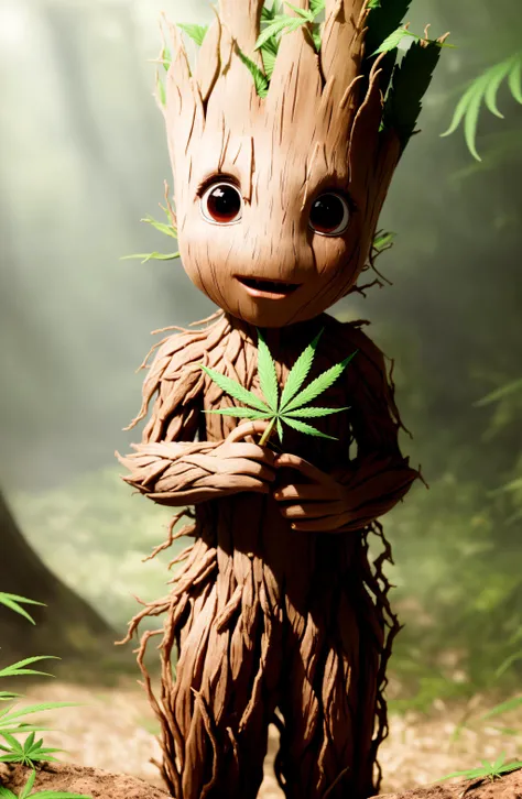 masterpiece, best quality, (RAW photo:1.2), extremely detailed CG unity 8k wallpaper, finely detail, official art, absurdres, incredibly absurdres, huge filesize, ultra-detailed, extremely detailed,,realistic ,wood body, detailed, <lyco:groot_v2:0.7>, (groot:1.4),standing full body, (young),male,surprised,open mouth,big eyes,legs, wood skin,jungle background,(holding leaf in the hand:1.2),(cannabis:1.3),stoned,cute,