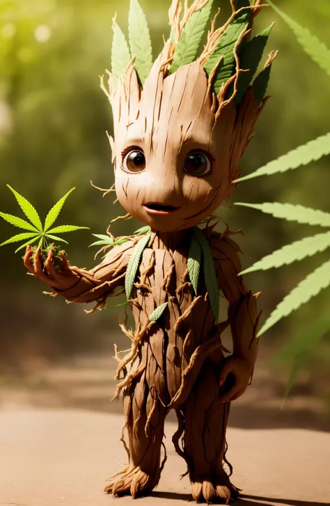 masterpiece, best quality, (RAW photo:1.2), extremely detailed CG unity 8k wallpaper, finely detail, official art, absurdres, incredibly absurdres, huge filesize, ultra-detailed, extremely detailed,,realistic ,wood body, detailed, <lyco:groot_v2:0.7>, (groot:1.4),standing full body, (young),male,surprised,open mouth,big eyes,legs, wood skin,jungle background,(holding leaf in the hand:1.2),(cannabis:1.4),stoned,cute,(head as cannabis leaf:1.2)