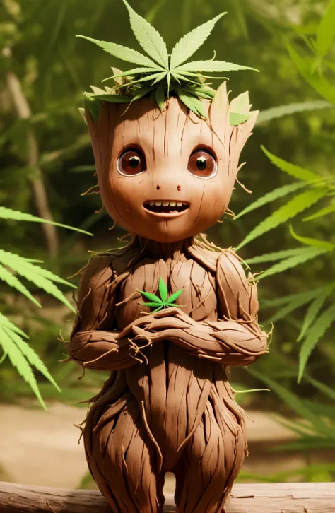 masterpiece, best quality, (RAW photo:1.2), extremely detailed CG unity 8k wallpaper, finely detail, official art, absurdres, incredibly absurdres, huge filesize, ultra-detailed, extremely detailed,,realistic ,wood body, detailed, <lyco:groot_v2:0.7>, (groot:1.4),standing full body, (young),male,surprised,open mouth,big eyes,legs, wood skin,jungle background,(holding leaf in the hand:1.2),(cannabis:1.4),stoned,cute,(head:leaf:1.7)