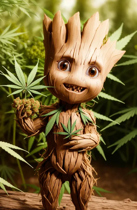 masterpiece, best quality, (RAW photo:1.2), extremely detailed CG unity 8k wallpaper, finely detail, official art, absurdres, incredibly absurdres, huge filesize, ultra-detailed, extremely detailed,,realistic ,wood body, detailed, <lyco:groot_v2:0.7>, (groot:1.4),standing full body, (young),male,surprised,open mouth,big eyes,legs, wood skin,jungle background,(holding leaf in the hand:1.2),(cannabis:1.4),stoned,cute,(head shape as cannabis leaf:1.7)