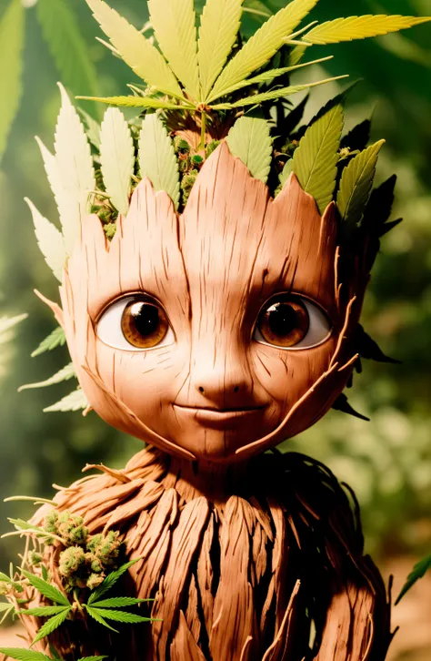 masterpiece, best quality, (RAW photo:1.2), extremely detailed CG unity 8k wallpaper, finely detail, official art, absurdres, incredibly absurdres, huge filesize, ultra-detailed, extremely detailed,,realistic ,wood body, detailed, <lyco:groot_v2:0.7>, (groot:1.4),standing full body, (young),male,surprised,open mouth,big eyes,legs, wood skin,jungle background,(holding leaf in the hand:1.2),(cannabis:1.4),stoned,cute,(head shape as cannabis:1.7)