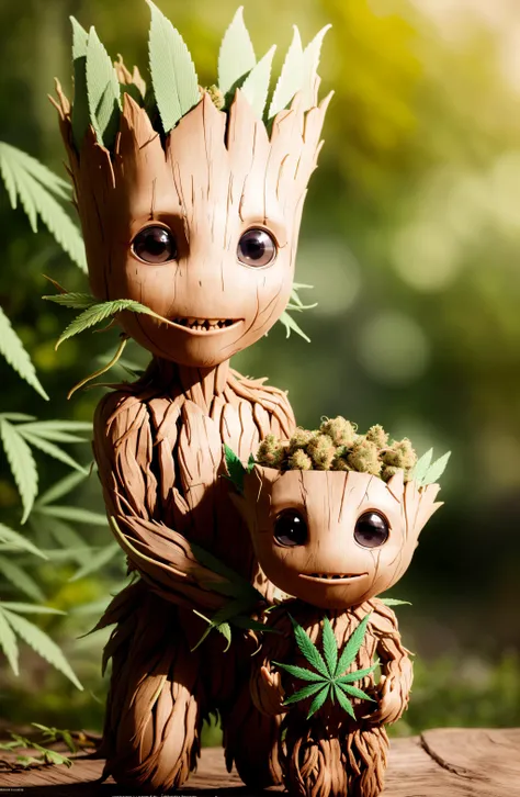 masterpiece, best quality, (RAW photo:1.2), extremely detailed CG unity 8k wallpaper,  finely detail, official art, absurdres, incredibly absurdres, huge filesize, ultra-detailed, extremely detailed,,realistic ,wood body, detailed, <lyco:groot_v2:0.7>, (groot:1.4),standing full body, (young),male,surprised,open mouth,big eyes,legs, wood skin,jungle background,(holding leaf in the hand:1.2),(cannabis:1.4),stoned,cute,(head as cannabis leaf:1.5)