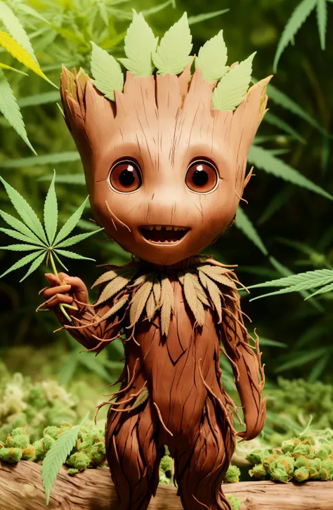 masterpiece, best quality, (RAW photo:1.2), extremely detailed CG unity 8k wallpaper, finely detail, official art, absurdres, incredibly absurdres, huge filesize, ultra-detailed, extremely detailed,,realistic ,wood body, detailed, <lyco:groot_v2:0.7>, (groot:1.4),standing full body, (young),male,surprised,open mouth,big eyes,legs, wood skin,jungle background,(holding leaf in the hand:1.2),(cannabis:1.4),stoned,cute,