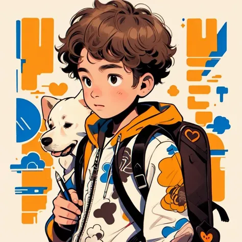 masterpiece, best quality,1boy, solo, brown hair, dog, backpack, sharpie illustration