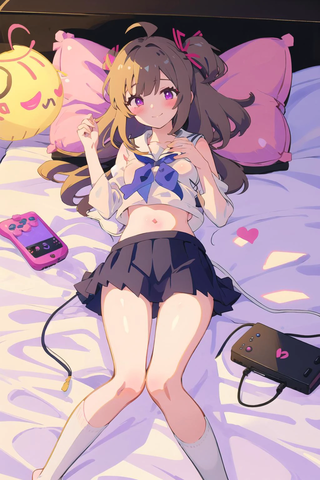 solo,1girl,heart ahoge,thighhighs,ribbon,long hair,lying,ahoge,skirt,school uniform,navel,on back,two side up,serafuku,heart,blue skirt,very long hair,short sleeves,black ribbon,white thighhighs,pleated skirt,hair between eyes,red eyes,white shirt,smile,no shoes,hair ribbon,hair ornament,bangs,shirt,looking at viewer,closed mouth,collarbone,blush,grey hair,bed sheet,breasts,midriff,vibrator,sailor collar,sex toy,hand up,digital media player,dakimakura \(medium\),full body,zettai ryouiki,miniskirt,small breasts,midriff peek,medium breasts,remote control vibrator,sidelocks,x hair ornament,purple eyes,from above,vibrator under clothes,blue sailor collar,red ribbon,shiny,on bed,stomach,knees together feet apart,
<lora:Muse_DashV4-000390:1>,