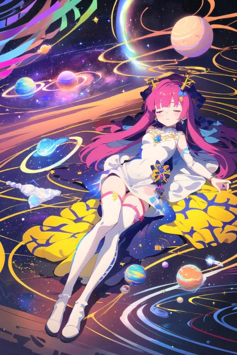 (from_above:1.5),(purple and blue background:1.1),
(1girl:1.2),solo,white_hair,medium_breasts,((galaxy and jewelry adorns beautiful colorful dress+stocking+white knee boots):1.5),(starry_sky),(closed_mouth),(closed eyes:1.3),(floating:1.3),((face towards the sky)),(face focus),(lying:1.5),
((falling from the sky)),((falling)),((face towards the sky)),(hair flows upwards),
(space_background:1.3),(scenery),(overall_view),
weightless,(floating_hair),((galaxy and jewelry adorns beautiful colorful dress+stocking):1.5),((Belts)),(leg loops),((Hosiery)),((white hair)),
(night),(galaxy:1.3),(dark_background),universe,((earth \(planet\)):1.2),(solar system:1.3),
black footwear,((the blue water on ground reflecting the starry sky and nebula and galaxy)),
red_bowtie,light particles,shaded_face,beautiful_detailed_eyes,(milky way:1.3),(planets:1.35),
<lora:Muse_DashV4-000390:1>,