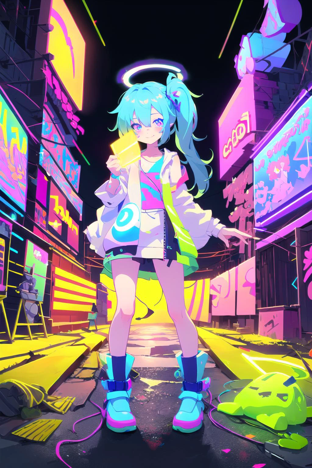 [(sea background:1.4)::20],
[[bottle bottom]::0.5], (isometric:1.0),
(Nymph:1.2),Radiation, corrosion, broken clothing,
(1 girl:1.2), solo, (blue buckle hair:1.2) , (side ponytail:1.2),(refreshing eyes:1.1) ,(dark persona:0.8), (doll), (science fiction glowing water flow), (full body:1.0),
(beautiful detailed eyes:1.0), (detailed face:1.0),
standing, (fingersmile:1.2) ,looking at you,
///////////////////////////
//////////////////////////
/////////////////////////
psychedelic art, glitch art, abstract art, concept art, (point color:1.4),(RGB Splitting:1.3),(god rays), (extremely detailed light), (Magic novels:1.2),
(trippy:1.2),(colorful ink ), (floating colorful ink droplet ),
(algae bloom:1.3),
(Wendini of water:1.3),
(data flow),
(gradient background:1.1),(glitch background),(pixel digital halo:1.2), (fluorescent graffiti :1.2),(neon light:1.2), (glowstick:1.2), (floating triangle glass fragments:1.2)
<lora:Muse_DashV4-000390:1>,
