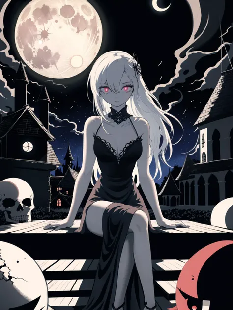 1 girl,solo,sitting,an extreme delicate and beautiful,beautiful detailed sky,beautiful detailed eye,side blind banks,hair between eyes,close to viewer,breeze,flying splashes,flying pets,wind,dark and corrupt atmosphere,gradually rotting,gradually rotting girl,death,decay,pay skin,deathly pay,dark blue Clothing,long flowing dress,flowing hair decor,Sorrowful expression,slider figure,dead,skeleton hands,floating,hanging,ethereal,dark and Mysterious,mistake,glowing eyes,glowing blue,deadly glow,floating,eerie,cold atmosphere,dark architecture,ambient tomb,mausoleum,stone steps,glowing moon,full moon,
<lora:Muse_DashV4-000370:1>,