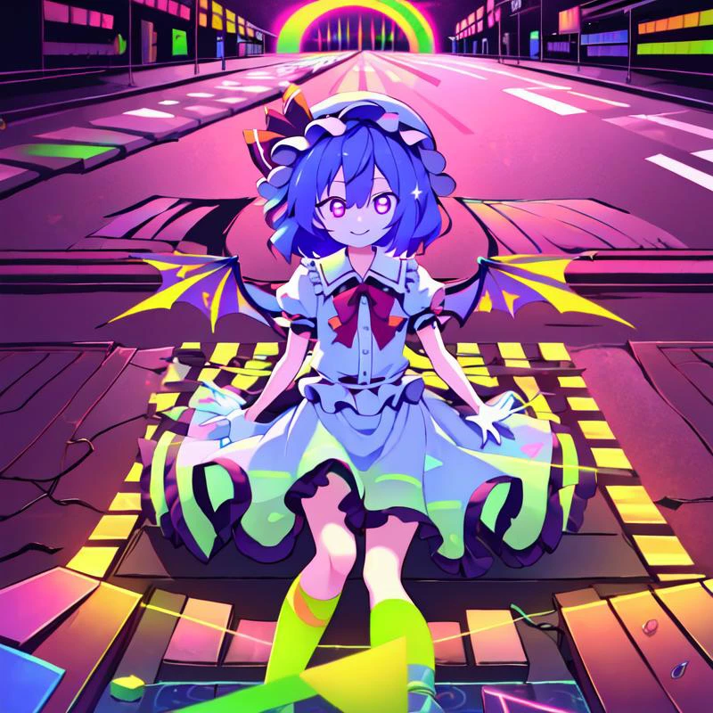 1girl, solo, masterpiece, best quality, illustration, absurdres, cute, film_grain, extremely detailed face, perfect lighting, remilia_scarlet_touhou, red_eyes, short_hair, bat_wings, wings, ribbon, hat, blue_hair, mob_cap, hair_between_eyes, hat_ribbon, bangs, smile, red_ribbon, <lora:remilia_scarlet_touhou:0.8>, <lora:Muse_DashV4:1>, psychedelic art, glitch art, abstract art, concept art, (point color:1.4), (RGB Splitting:1.3), (god rays), (extremely detailed light), (Magic novels:1.2), (trippy:1.2), (colorful ink ),
(floating colorful ink droplet ), (algae bloom:1.3), (Wendini of water:1.3), (data flow), (gradient background:1.1), (glitch background), (pixel digital halo:1.2), (fluorescent graffiti :1.2), (neon light:1.2), (glowstick:1.2), (floating triangle glass fragments:1.2),