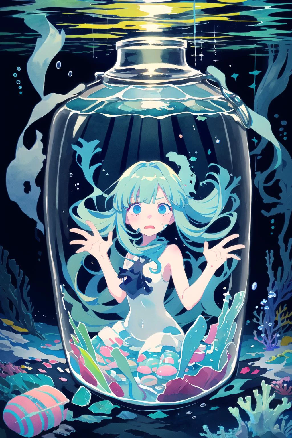 (imid shot:0.95),(full body:1.25),Dynamic angle,[Bottle bottom],
(official art:1.2),
//,
mid shot,full body,
//,
(illustration),(watercolor:1.05),(((an extremely delicate and beautiful))),(water:1.3),
//,
(Deep-sea phobia:1.5),(Deep-sea:1.5),The drowning girl is slowly sinking,Underwater,Drowning,on water,Underwater,Panorama,wide angle,girl,solo,desperate and crazy expression,frown,expressionless,dark_persona,Despair,fear,darkness,claustrophobia,underwater world,deep sea,
//,
(broken glass jar:1.15),(girl in jar:1.35):(girl),
(The girl was soaked in (a whole transparent glass incubator)),
//,
double exposure,
visual impact,
best quality,
<lora:Muse_DashV4-000390:1>,