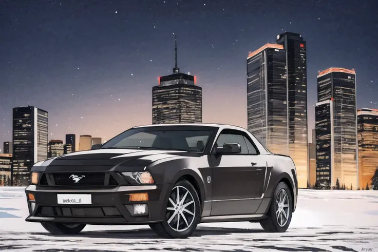 <lora:mstng-000005:0.8> black (mstng:1.1), front view, city street, skyscrapers, winter scene, snow, (style-winter:1.0), intricate details, beautiful, scenic, 8k, trending on artstation