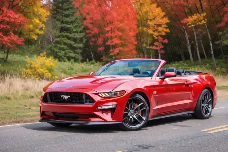 <lora:mstng-000004:0.7> red mstng parked on the side of a winding road, forest, fall foliage, (style-autumn:1.0), ultra realistic, beautiful, scenic, 8k, trending on artstation