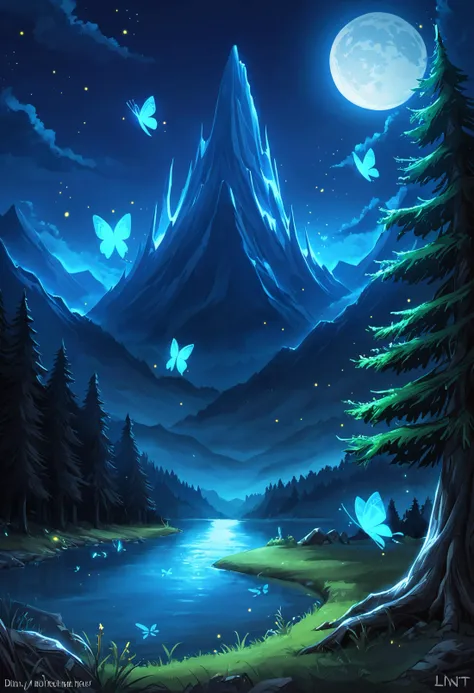 score_9, forest, night,monnlight, full moon, magic, dark, dim light BREAK
no humans, scenery, beautiful landscape, river,large tree, lake, lonely tree, giant mountains, night, fireflies, (glowing:1.1), magic, magic particles, (spell:1.1), full moon, magic butterflies