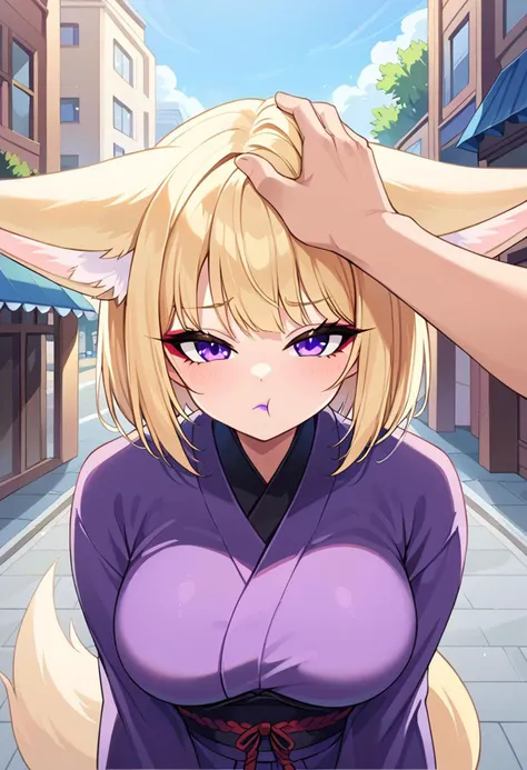 score_9, score_8_up, score_7_up, solo, 1girl, blonde hair, bob cut, fennec ears, red eyeshadow, purple eyes, purple lips, large breasts, purple kimono, fox tail, urban, outdoors, portrait, upperbody, headpat, pov hands, pout, :t, closed mouth