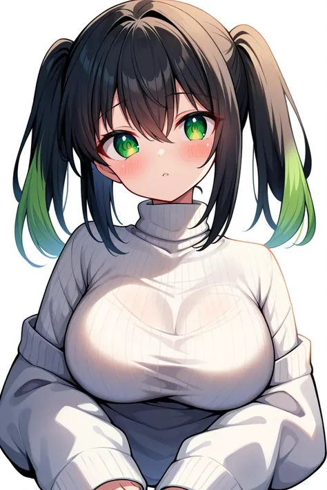 score_9, score_8_up, score_7_up, score_6_up, score_5_up, score_4_up, takasaki yu, 1girl, alternate breast size, black hair, blush, breasts, gradient hair, green eyes, green hair, hair between eyes, large breasts, long sleeves, looking at viewer, medium hair, multicolored hair, parted lips, sidelocks, sitting, sleeves past wrists, solo, sweater, turtleneck, turtleneck sweater, twintails, upper body, white background, white sweater