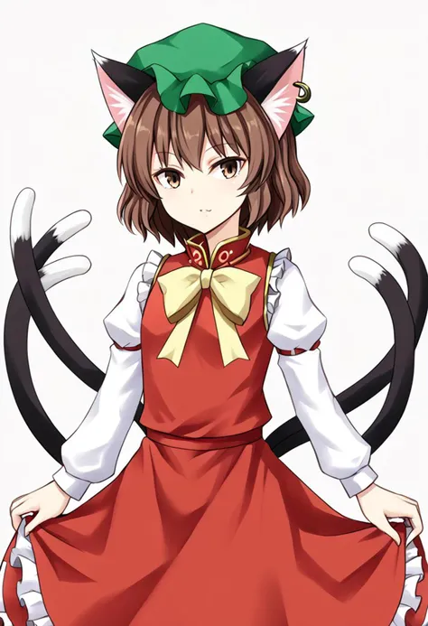 1girl, chen, brown hair, brown eyes, cat ears, green hat, mob cap, red dress, juliet sleeves, frills, flat chest, two tails
masterpiece, best quality, very aesthetic, absurdres,
