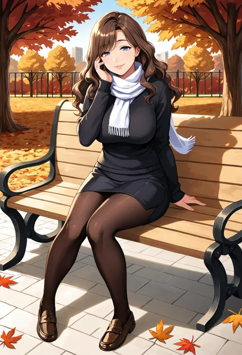 score_9,autumn, park, bench, wind, falling leaves, detailed background, dusk, sunset BREAK
1girl,mature female, long hair, blue eyes, wavy hair, brown hair, sitting,black sweater, black skirt, pantyhose, loafers, delicate smile, seductive smile, white scarf, full body, hand on own face, lips, bangs