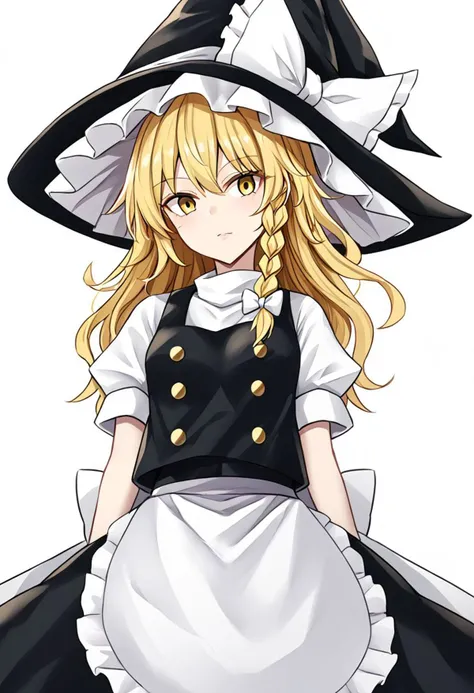 1girl, kirisame marisa, blonde hair, yellow eyes, single braid, witch hat, white ribbon, black skirt, black shirt, short sleeves, waist apron, white sleeves
masterpiece, best quality, very aesthetic, absurdres,
