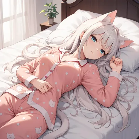 Painting Style - Manga) (kutan_Hospital bed) (Character - Cat-eared girl) (Hairstyle - long hair + White hair color+cat ear) (Costume - pajamas with floral prints + Quilt)