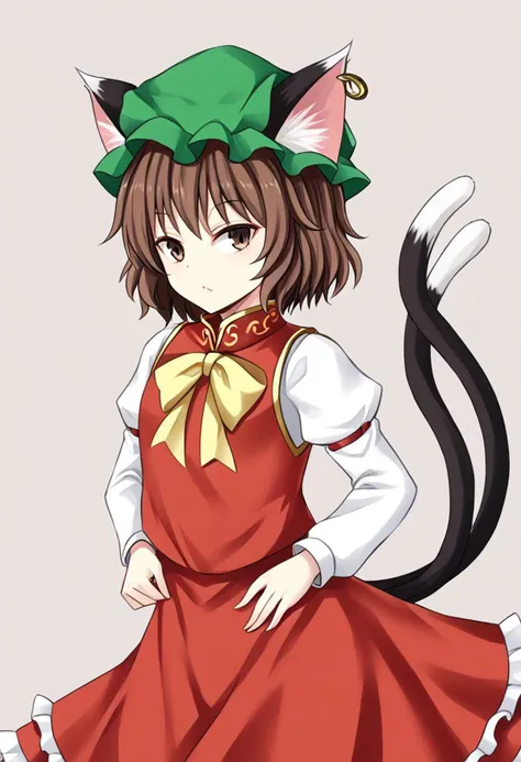 1girl, chen, brown hair, brown eyes, cat ears, green hat, mob cap, red dress, juliet sleeves, frills, flat chest, two tails
masterpiece, best quality, very aesthetic, absurdres,