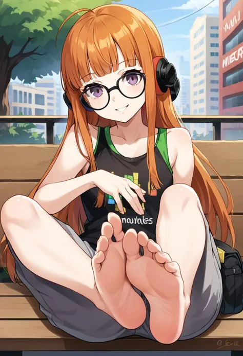 score_9, score_8_up, score_7_up, source_anime BREAK 1girl, solo, <lora:zs_FutabaXL:1> futabasummer, orange hair, long hair, blunt bangs, glasses, ahoge, purple eyes, behind-the-head headphones, black tank top, grey cargo pants, sitting, bench, city
cowboy shot, smile, footjob, (feet, soles)