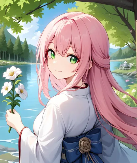 1girl, score_9, flower, long hair, tree, water, white kimono, outdoors, green eyes, scenery, lake, pink hair, long hair, smile, sky, looking back, upper body, holding flower,