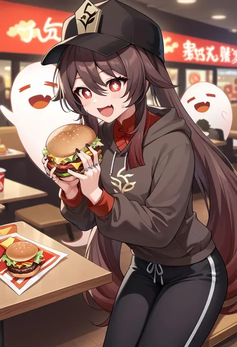 score_9, score_8_up, score_7_up,
hu tao, hoodie, brown hoodie, sweat pants, black sweat pants, boo, restaurant, fast food, burger, eating burger, happy, joy,
<lora:hutao:0.8>
