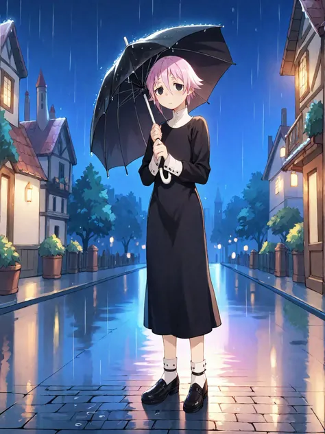zPDXL2, score_9, score_8_up, score_7_up, 1boy, solo, male focus, yaoi, outdoors, night, street, tower, medieval, rain, <lora:Crona:1> crona, black eyes, short hair, pink hair, bags under eyes, hair between eyes, long sleeves, white shirt, shirt, dress, black dress, shoes, holding umbrella, umbrella,