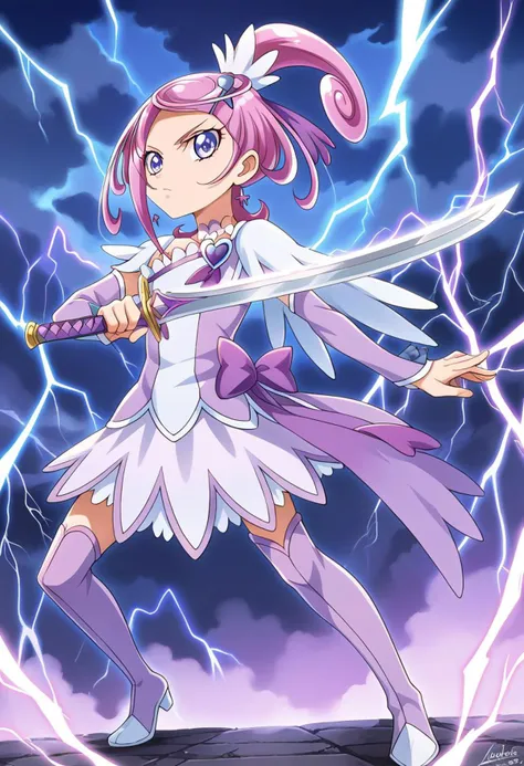 score 9, score 8 up, score 7 up, detailed background, shiny skin,
<lora:curesword.pony:1>,
curesword, holding sword, lightning,