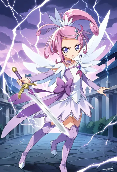 score 9, score 8 up, score 7 up, detailed background, shiny skin,
<lora:curesword.pony:1>,
curesword, holding sword, lightning,