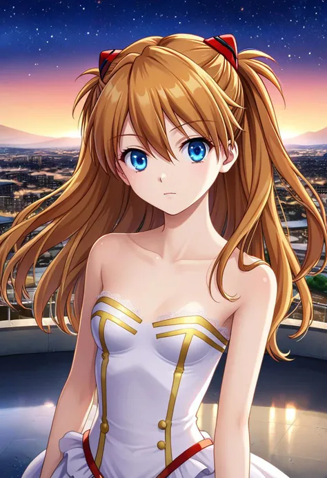 1girl, solo, Asuka Langley, upper body, blue eyes, strapless dress, gold trim, lace trim, rooftop, cityscape, sunset, starry sky, lake, Tokyo