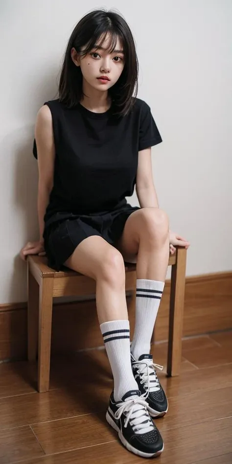 best quality, ultra high res, girl, sitting, socks, skirt, looking at viewer, against wallm sneakers