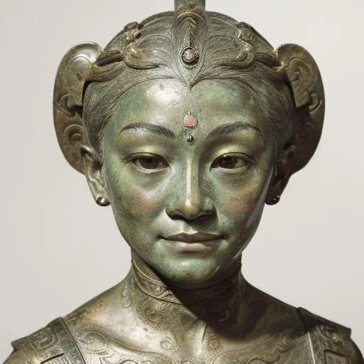 <lora:realisticBronzeArt_v11:0.6>, bronzecd, (portait of a woman:1.3), bronze hair accessories