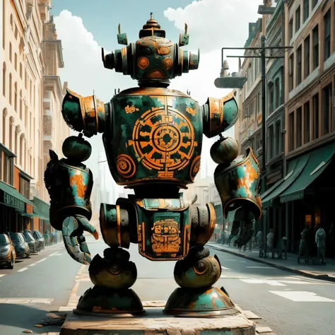 a (bronzecd) armored robot,, standing on street, (solo:1.2), <lora:bronzecd-000010:1.0>, no humans, high quality, masterpiece, realistic, photorealistic, (outdoors, cityscape)