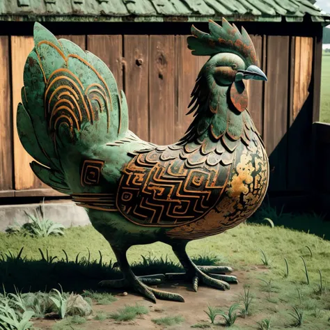a (bronzecd) rooster, standing on lawn, (solo:1.2), <lora:bronzecd-000010:1.0>, no humans, high quality, masterpiece, realistic, photorealistic, (outdoors, lawn)