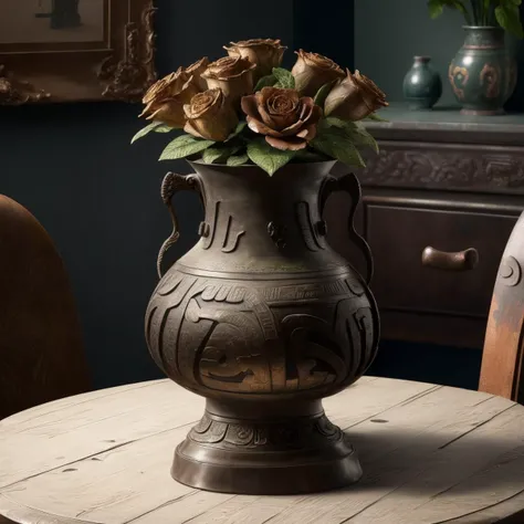 a (bronzecd) vase, flower inserted into the vase, (solo:1.2), <lora:bronzecd-000010:0.8>, no humans, high quality, masterpiece, realistic, photorealistic, (indoors, on table:1.2)