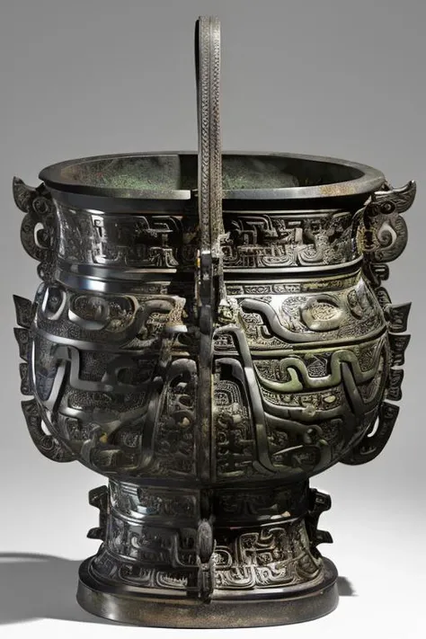 <lyco:realisticBronzeArt_v10:0.8> bronzecd, design vase with bronze age motives, on pedestal, saplings, dim lights, dramatic, rimlights, expositions, emty dark studio