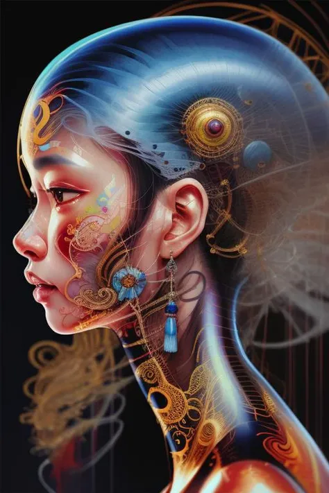 an oil painting of an Asian woman, hyper realistic, ultra detailed, insanely detailed and intricate, ultra fine details, Extreme contrast, Extremely sharp lines, cinematic lighting, artwork by Okuda San Miguel and Carne Griffiths, swirls, intricate, elegant, highly detailed, digital painting, artstation, concept art, smooth, sharp focus, illustration  <lora:blacklight:0.8> <lora:xryhd:1>